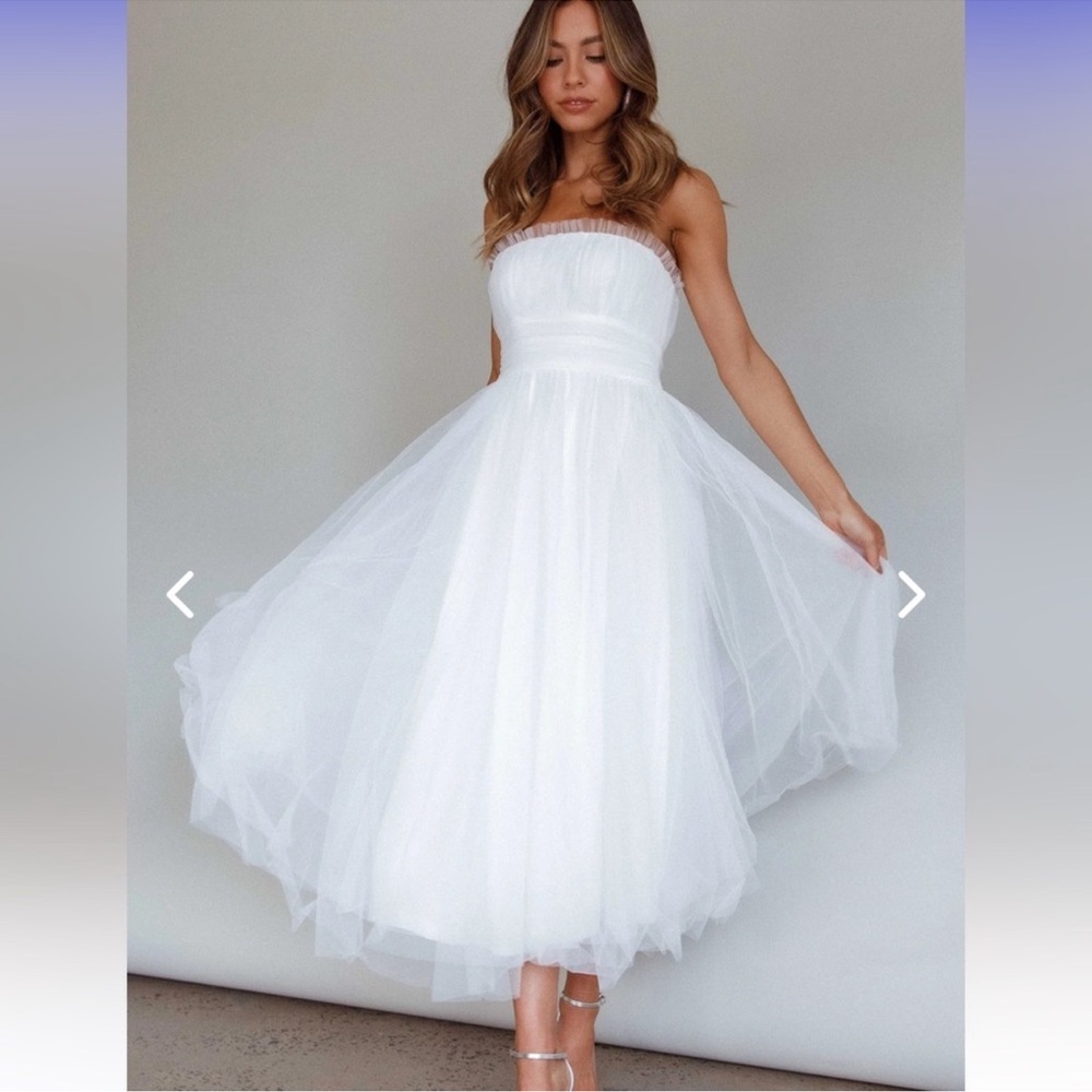 Selfie Leslie Fayette Strapless Mesh Midi White Dress 🆕